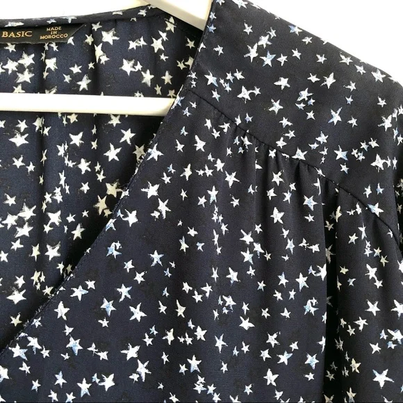 Zara Navy Blue Star Chiffon Long Sleeve Button Up Blouse Size XS - Picture 5 of 12